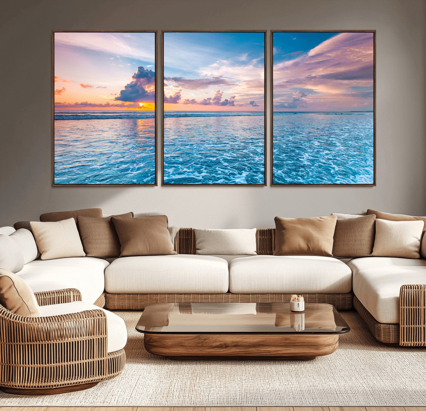 MGV-FC-60X30-3P - Ocean Sunset Canvas Wall Art Print - Tranquil Seascape with Vibrant Sky and Rolling Waves Canvas
