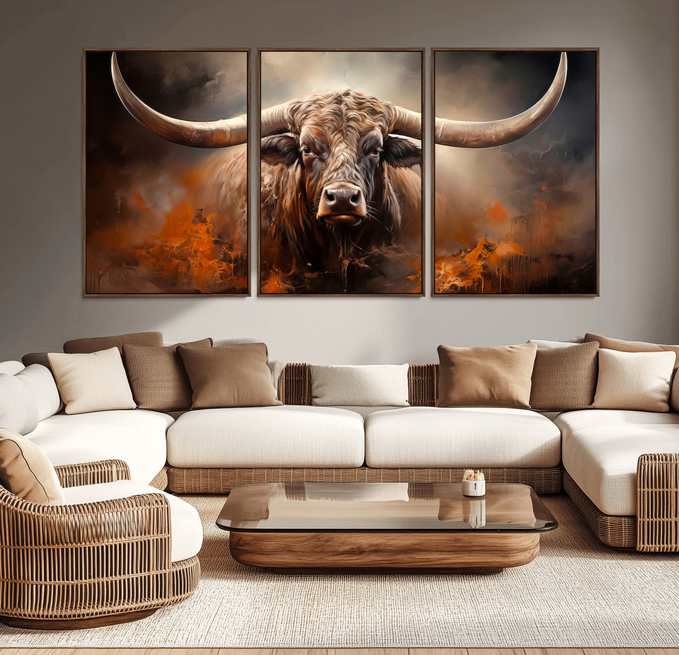 MGV-FC-60X30-3P - Highland Bull Canvas Abstract Canvas Wall Art Print – Powerful Highland Bull with Striking Horns in