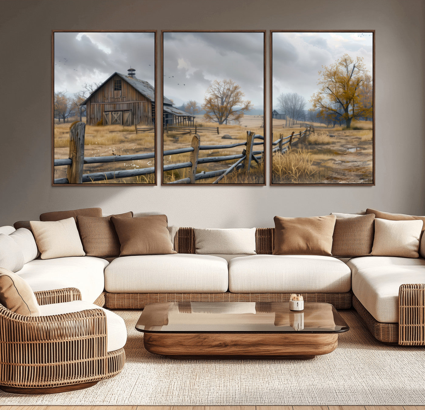 MGV-FC-60X30-3P - Rustic Autumn Farmhouse Wall Art Canvas Print – Serene Countryside Scene with Weathered Barn and