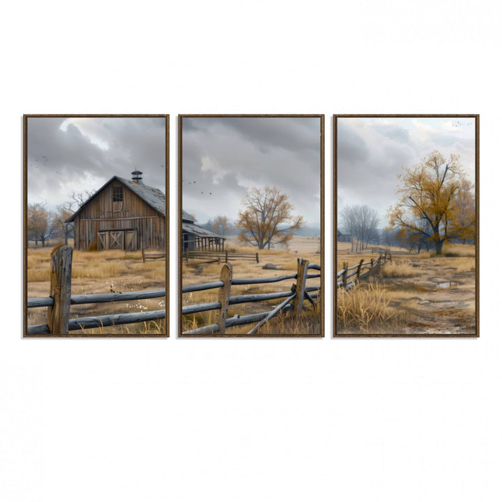 Rustic Autumn Farmhouse Wall Art – Weathered Barn & Trees Canvas Print, featuring a serene scene with birds in the sky. This piece is ready to hang.