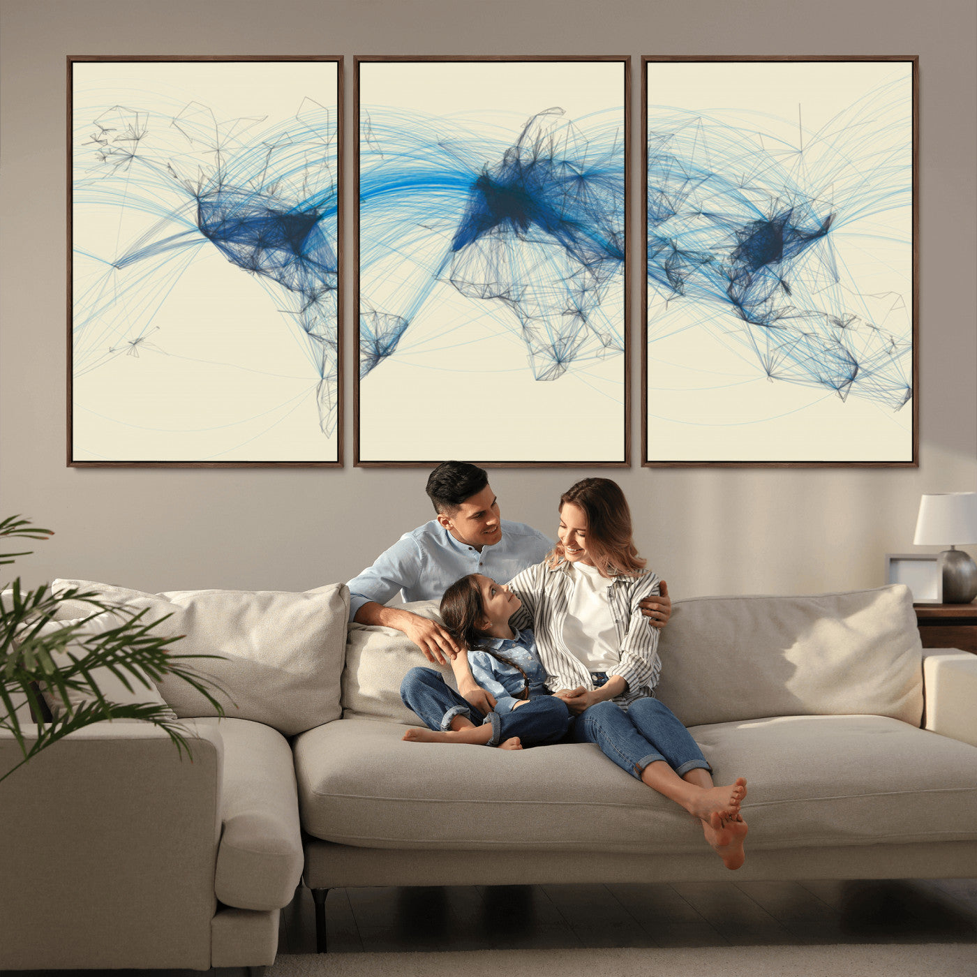 MGV-FC-60X30-3P - Flight Routes Map art Air Traffic Avi World Map with Blue Connections Canvas Wall Art – Modern