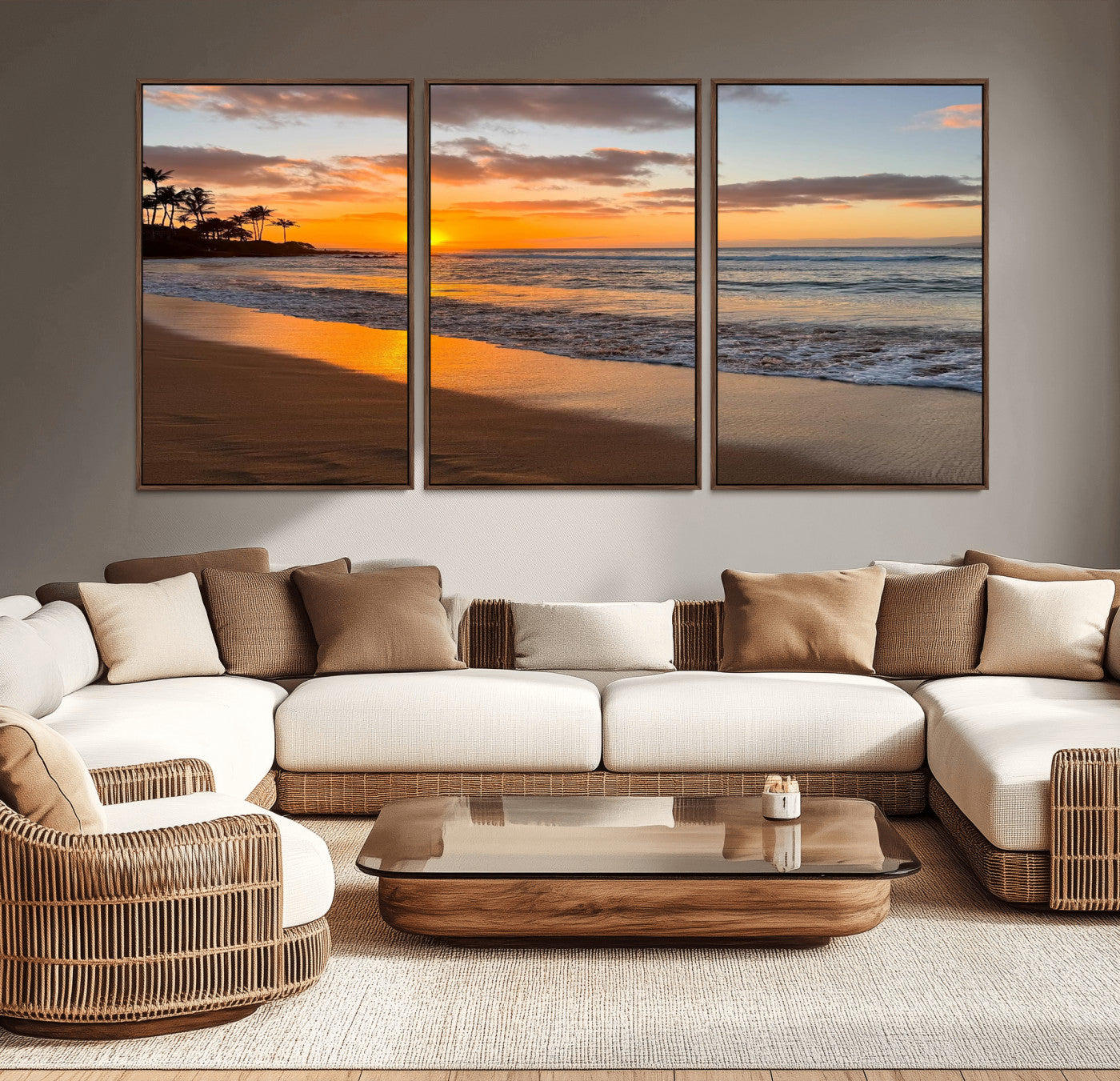MGV-FC-60X30-3P - Sunset Wall Art Print - Stunning Beach Sunset Canvas Artwork for Elegant Home or Office Coastal