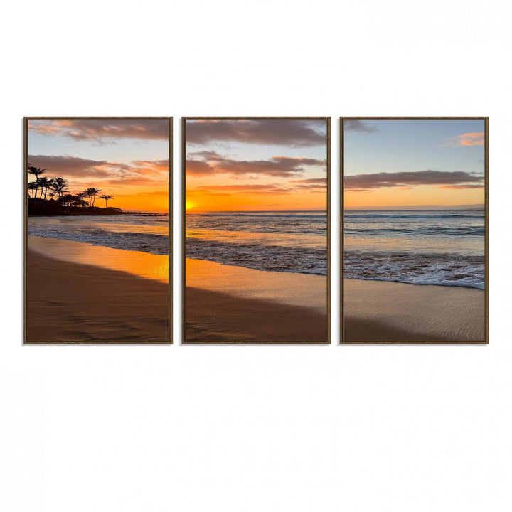 Sunset Wall Art Print featuring a beach sunset with waves and palms, perfect for coastal decor.