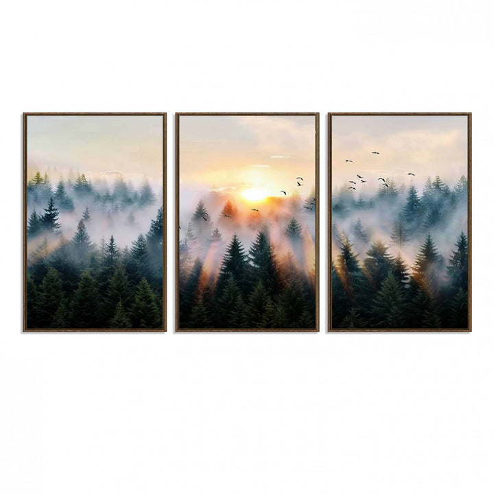 Sunrise over a misty forest with rays filtering through trees in the Abstract Forest Wall Art featuring soaring birds.