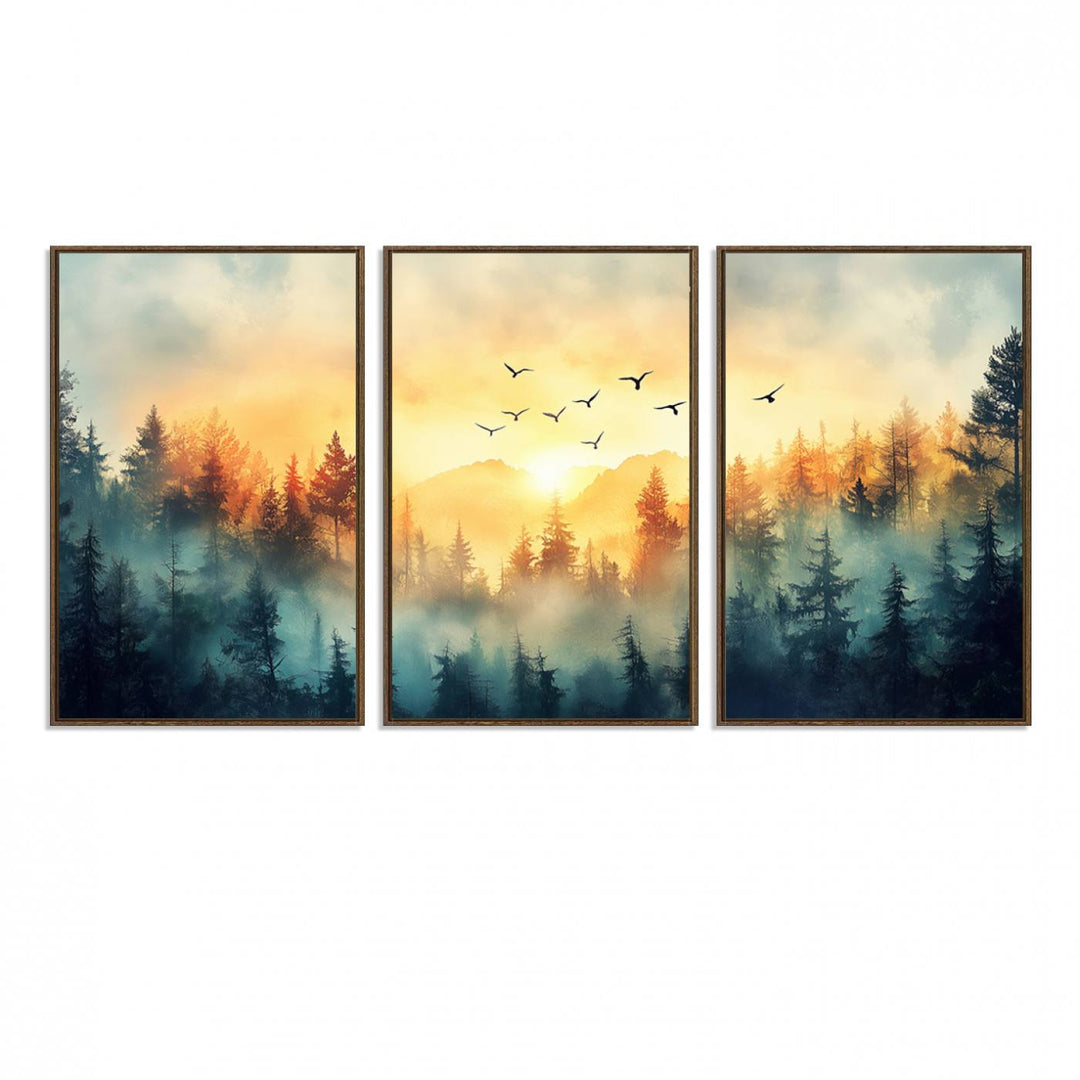 FRSABS2-MGV-FC-60X30-3P_Walnut-Abstract Forest Wall Art Print- Serene Nature Canvas Print with Misty Forest Design for Modern Home or Office Decor