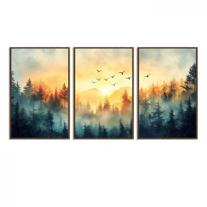 FRSABS2-MGV-FC-60X30-3P_Walnut-Abstract Forest Wall Art Print- Serene Nature Canvas Print with Misty Forest Design for Modern Home or Office Decor