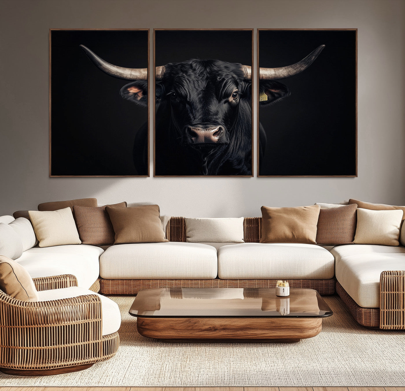 Canvas featuring a black horned bull in moody lighting on a dark background, perfect for western or rustic farmhouse-style home decor.