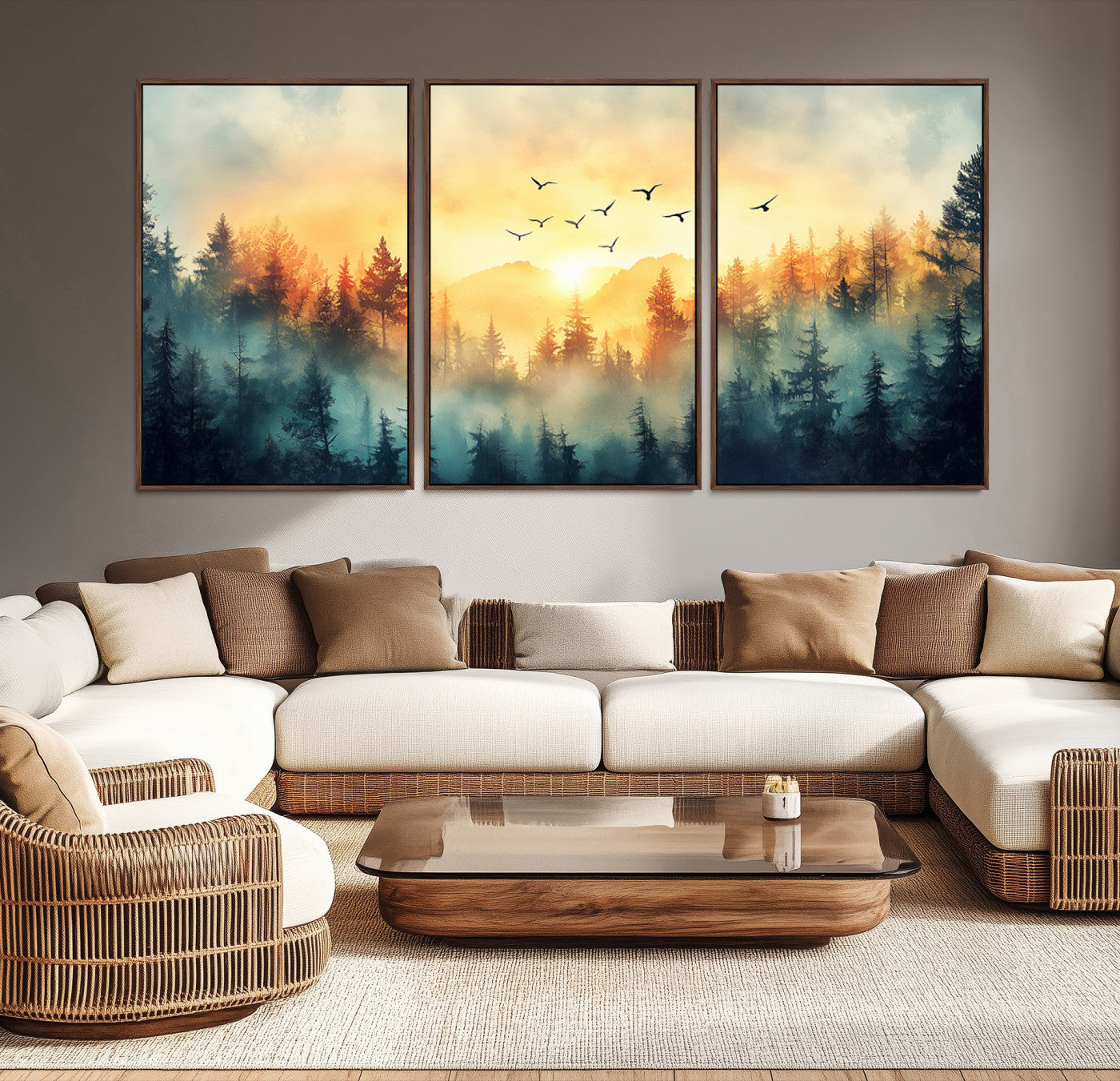 Canvas of a misty pine forest at sunrise with golden light and birds flying across the sky, perfect for tranquil nature-themed wall decor.