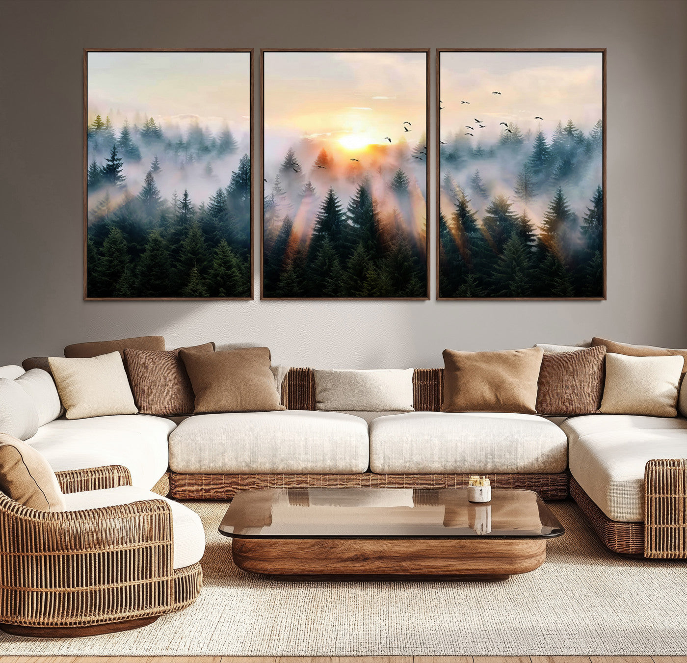 Canvas of a misty pine forest at sunrise with birds flying through golden morning rays, perfect for serene and moody woodland-style home decor.