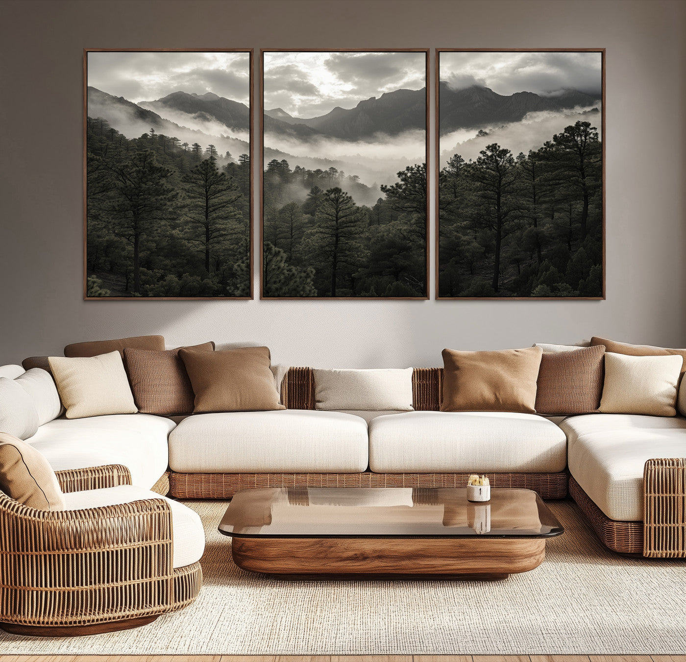 Canvas of moody pine forest and foggy mountain peaks under overcast skies, ideal for calm and rustic woodland-themed home decor.