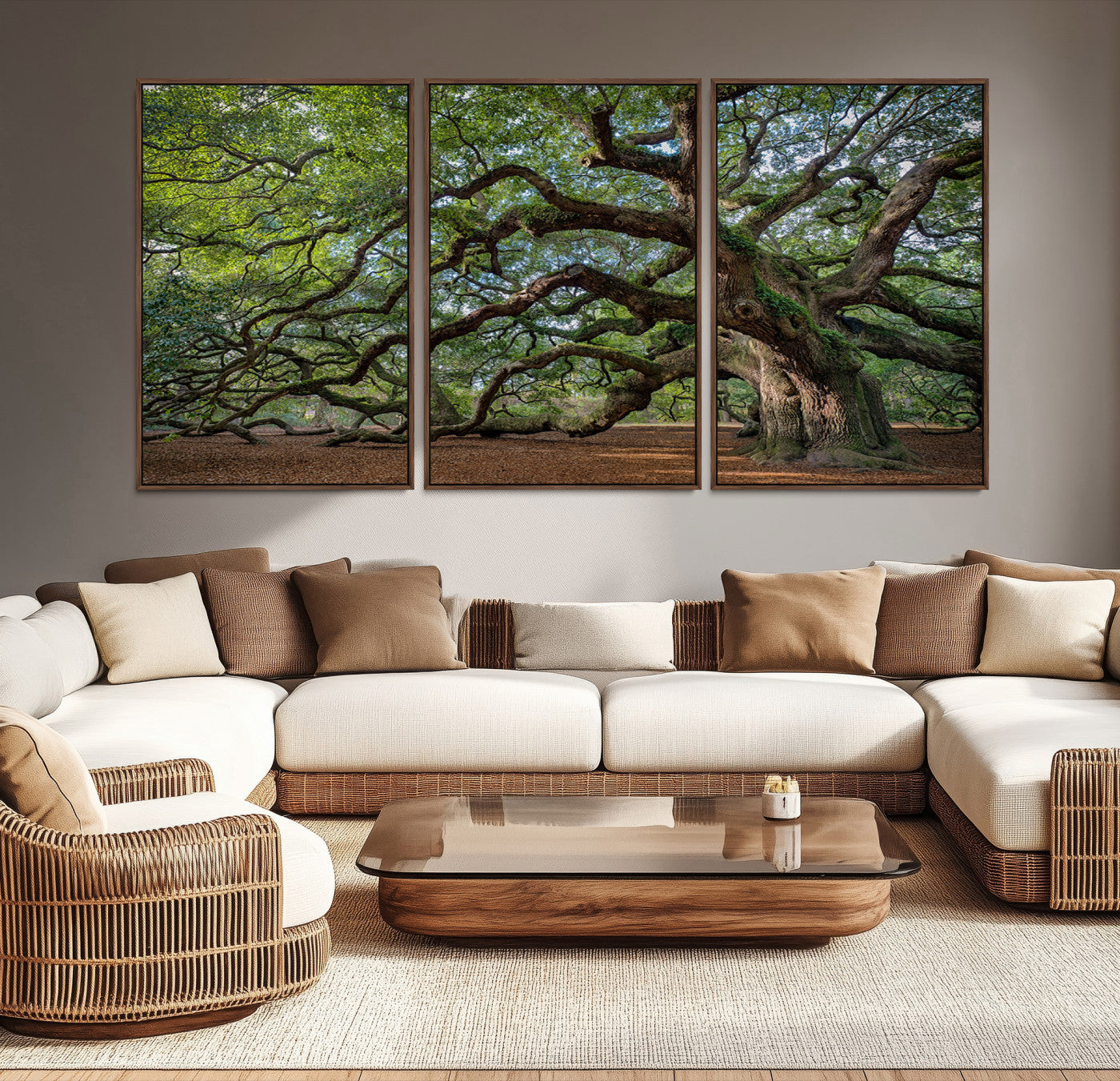 Canvas of the Angel Oak tree with sprawling limbs and mossy bark, ideal for earthy natural or rustic southern-inspired decor.
