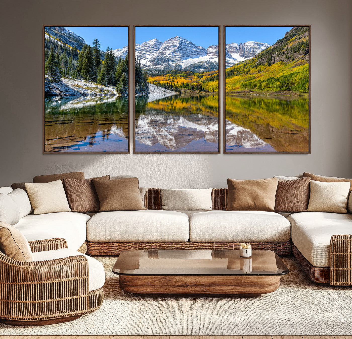 Canvas of Maroon Bells reflected in a clear alpine lake, with golden aspens and snowy peaks, ideal for crisp autumn or mountain-themed decor.