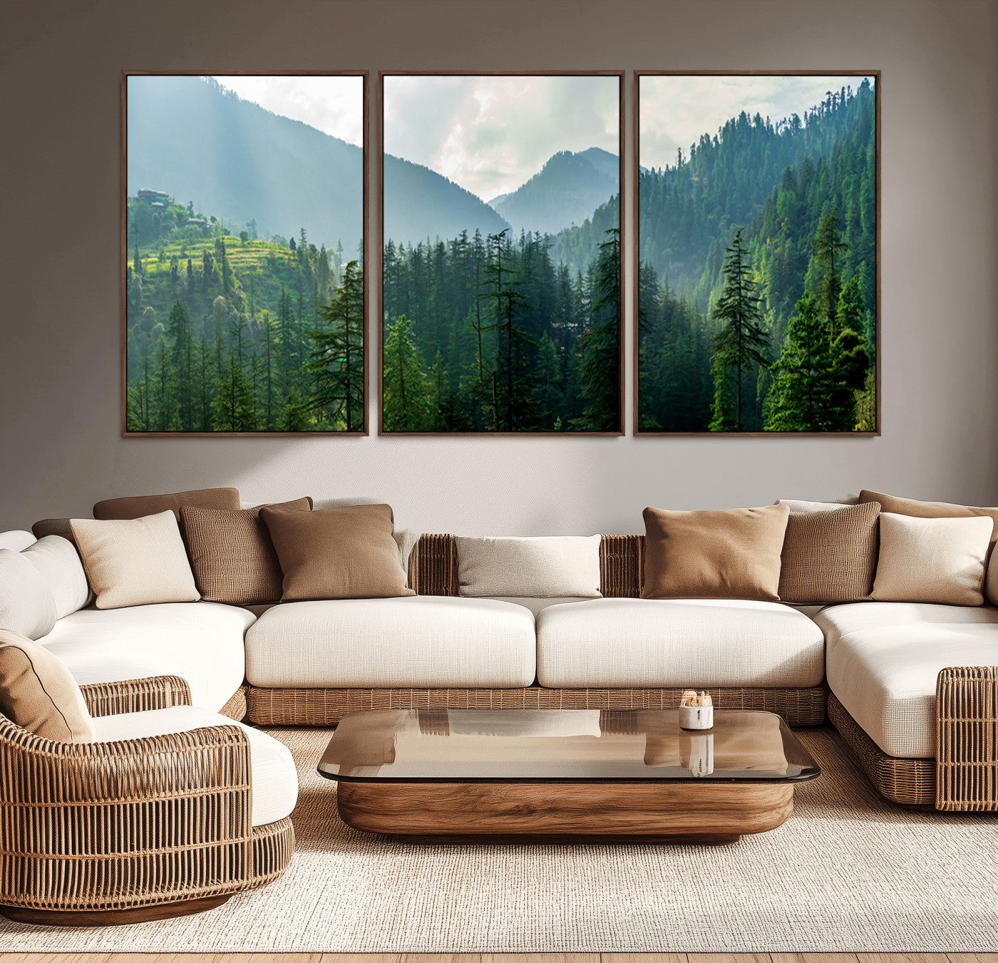 MGV-FC-60X30-3P - Misty Forest Mountain Canvas Print – Serene Nature Wall Art, Tranquil Valley