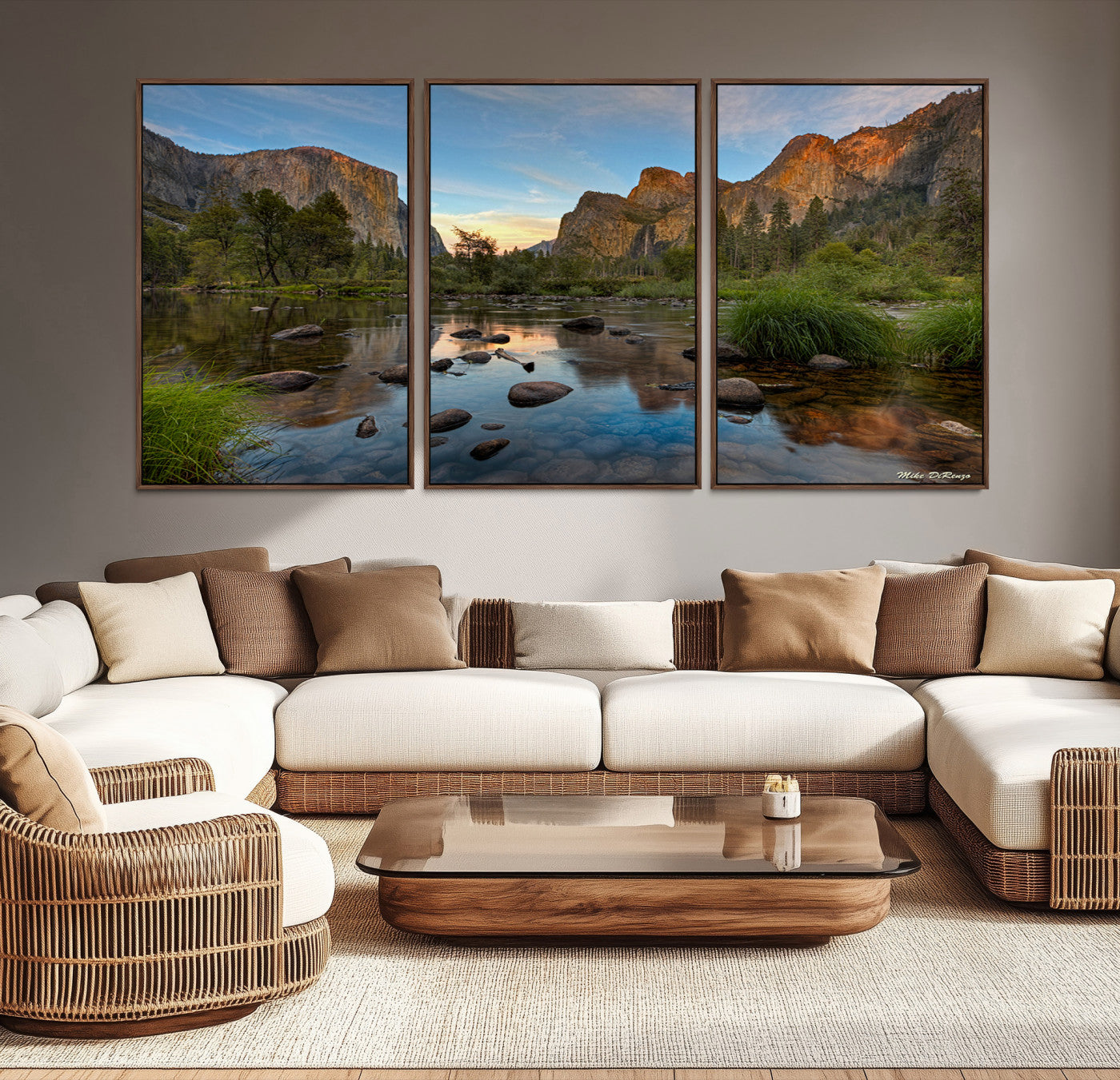 Canvas of Yosemite Valley with El Capitan and sunset reflections in a calm river, perfect for rustic or nature-themed décor.
