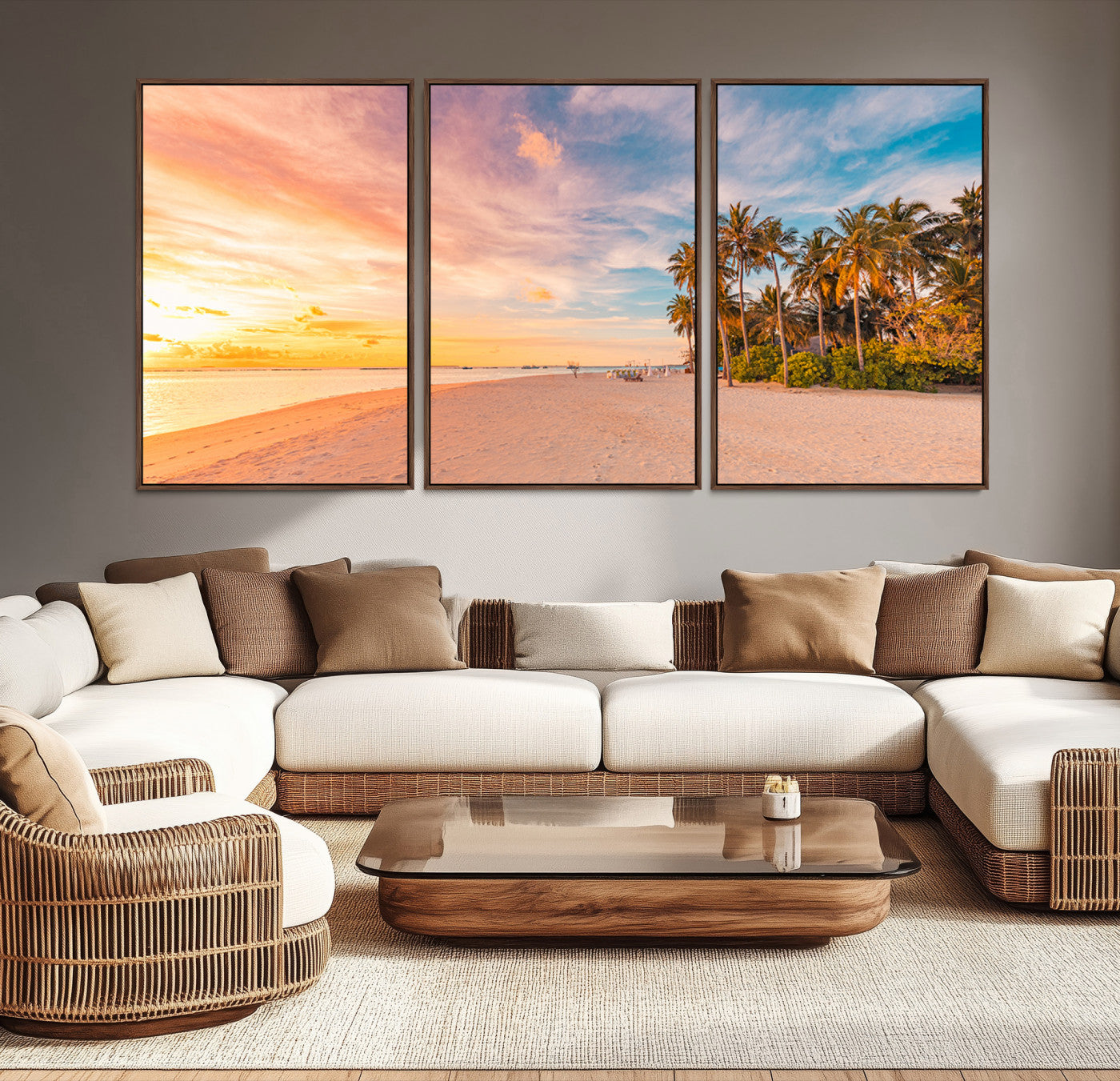 Tropical beach canvas with palm trees and soft sunset tones, ideal for coastal or beach-style home décor in warm pastel hues.