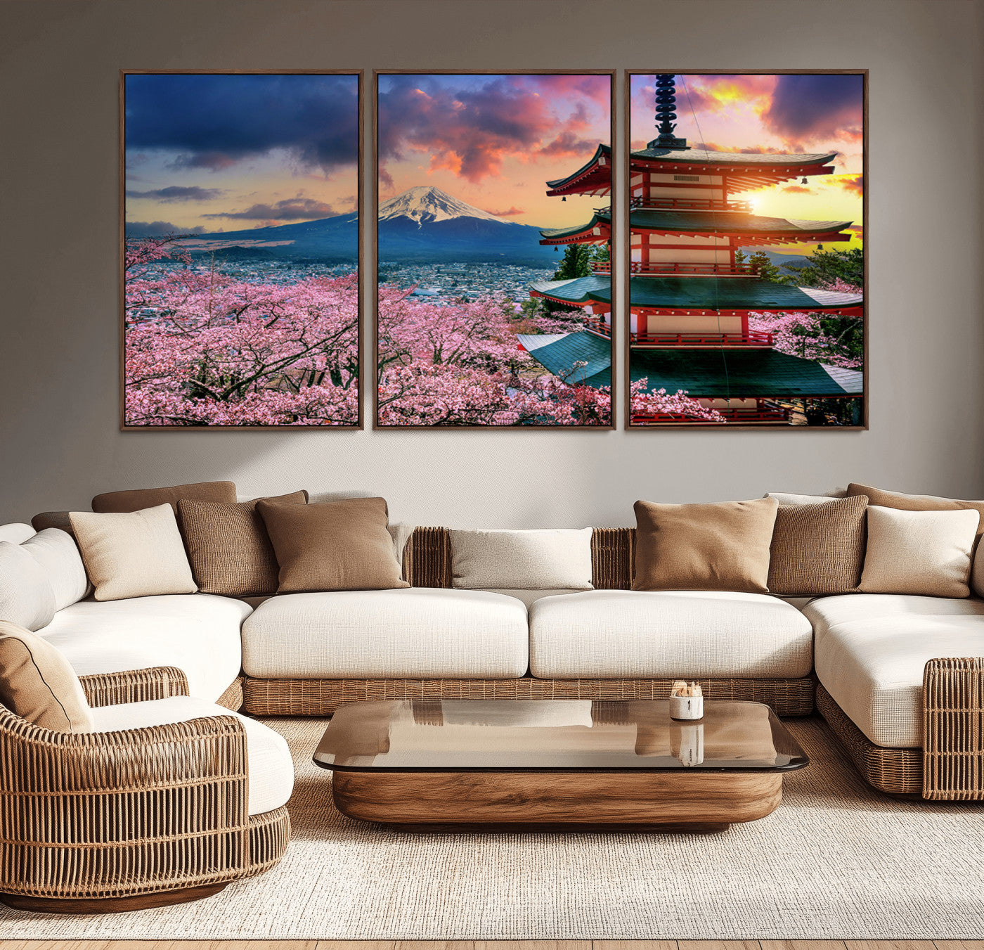 MGV-FC-60X30-3P - Mount Fuji & Cherry Blossom Wall Art Canvas Print – Iconic Japanese Landscape, Sakura Pagoda Sunset,