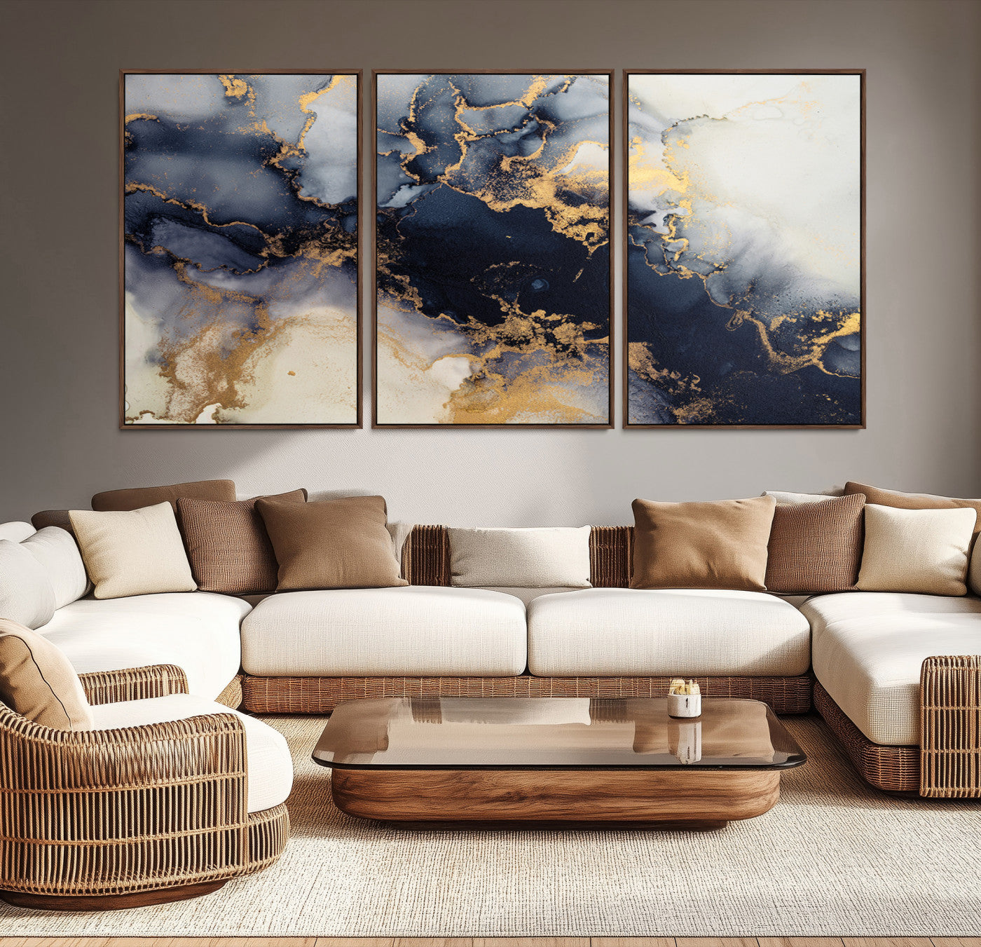 Luxurious abstract canvas in black and gold with moody fluid textures and smoky patterns, perfect for dramatic modern interiors.