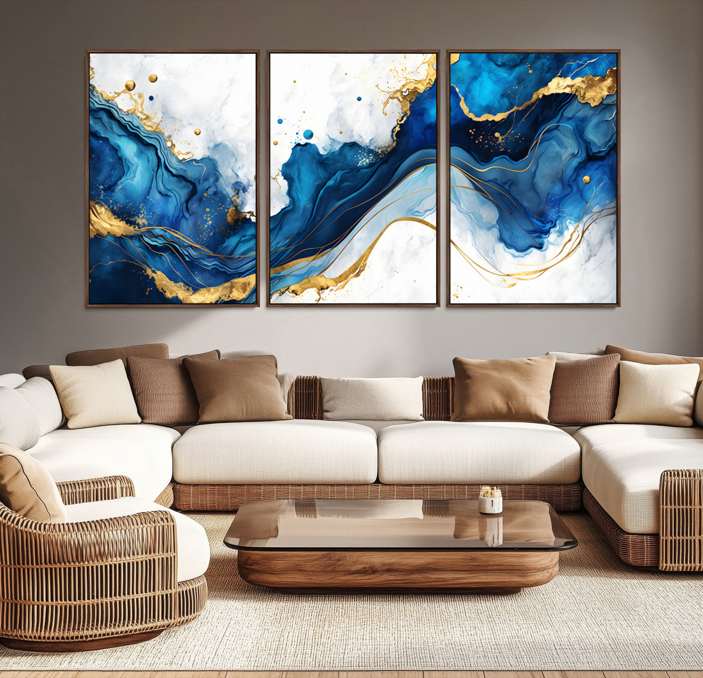 Elegant abstract canvas in cobalt blue and gold tones, featuring marble waves and fluid motion, ideal for luxe interior styling.