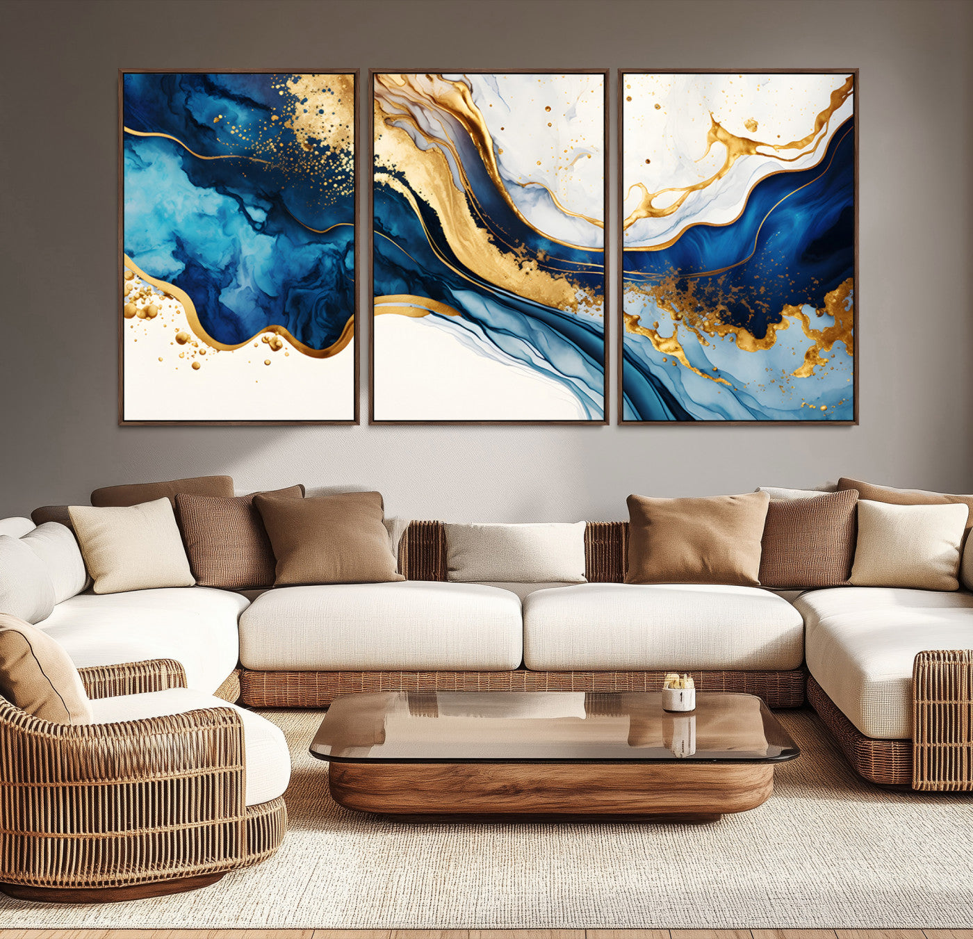 Canvas artwork with fluid blue and gold marbling, perfect for modern luxe or elegant abstract home decor styles.