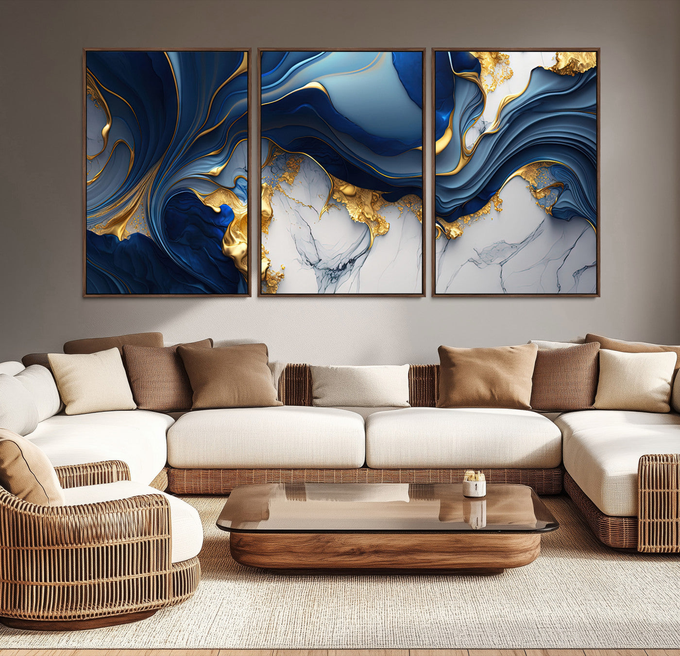 Canvas art with swirling blue marble and gold textures, ideal for elegant glam or modern luxury interior design settings.