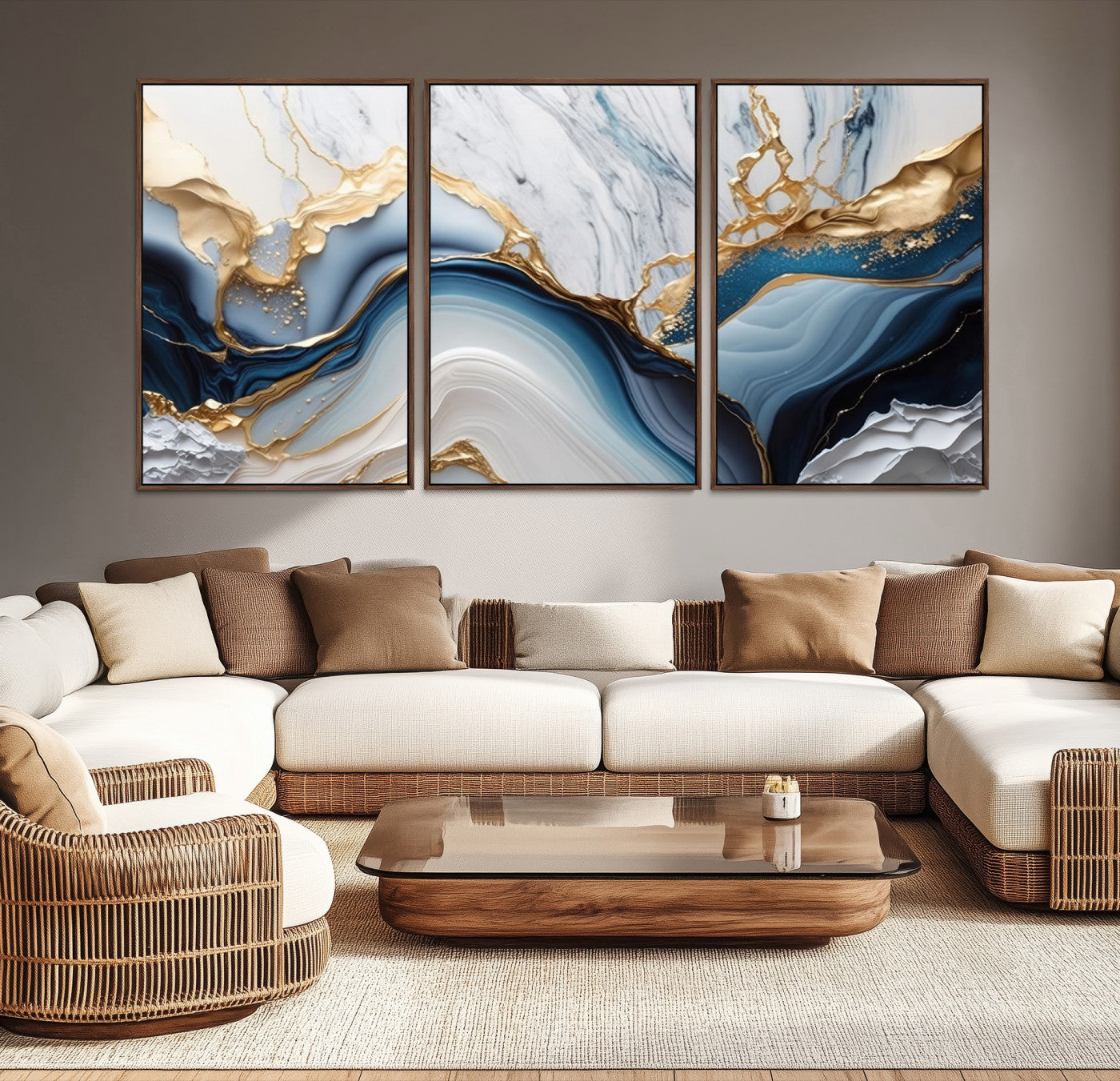 Abstract canvas with blue marble textures and flowing gold veins, ideal for modern luxury or coastal-inspired interior decor.
