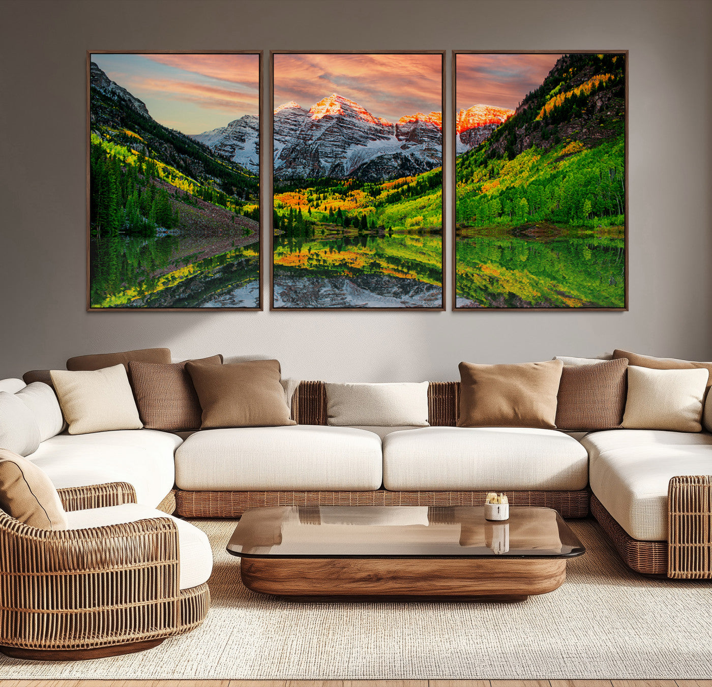 59533484-MGV-CV-48X32-3P-Wall Art Canvas Print – Sunset Glow Mountain Peaks Vibrant Green Forest Reflective Lake Calm Waters for Home, Office