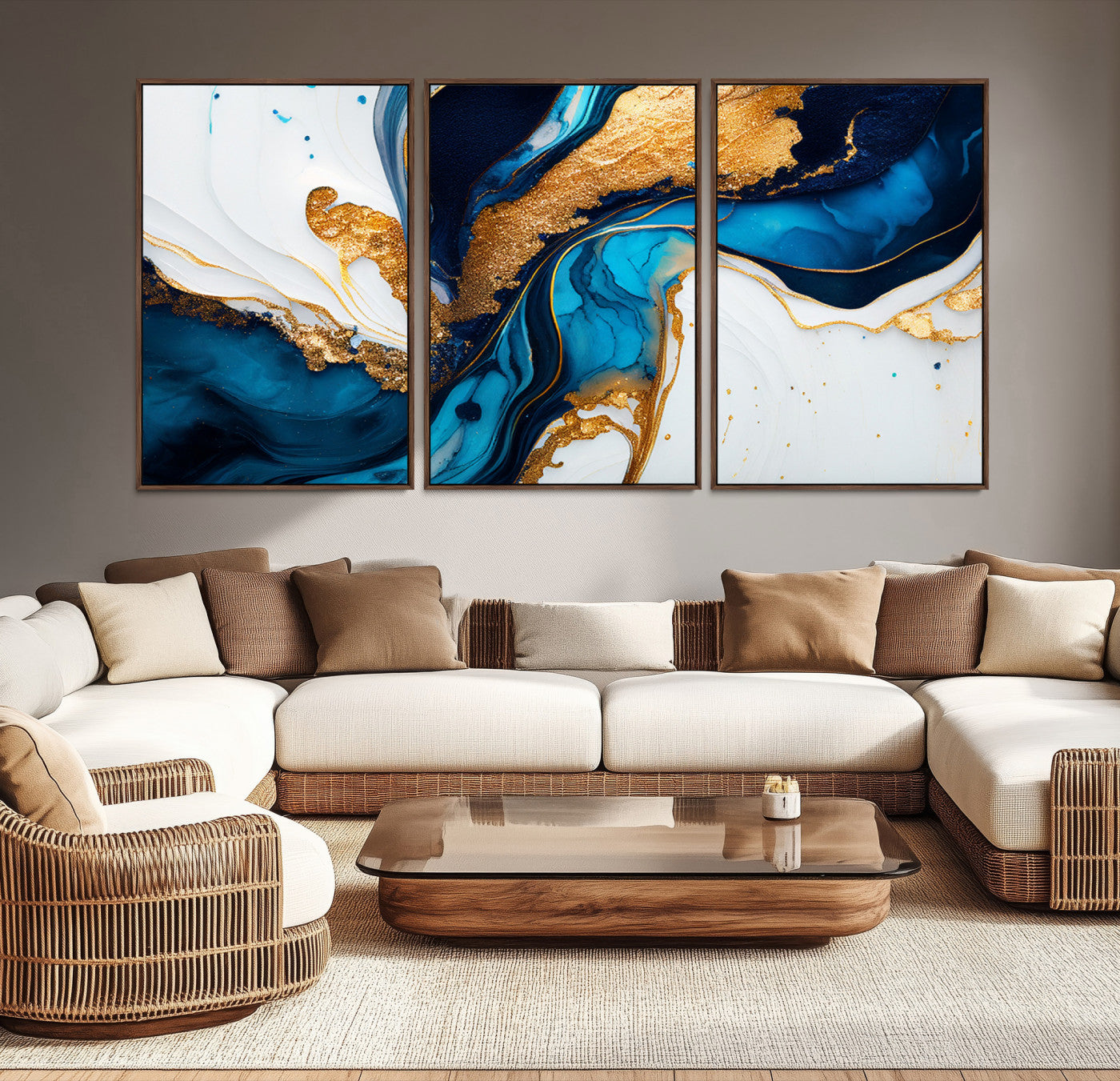 Luxurious abstract canvas in gold, navy, and teal tones with fluid marble patterns, perfect for modern glam or upscale interiors.