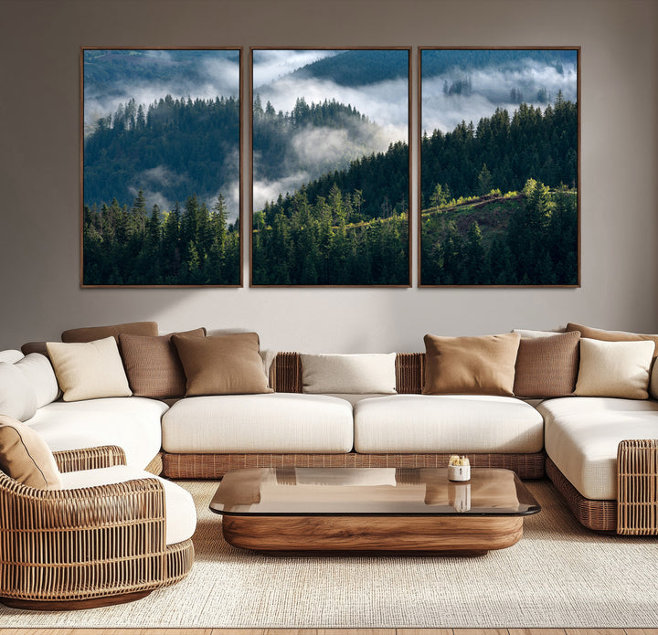 Moody canvas of misty pine forests over layered hills, perfect for cool-toned nature-inspired or woodland-style home decor.