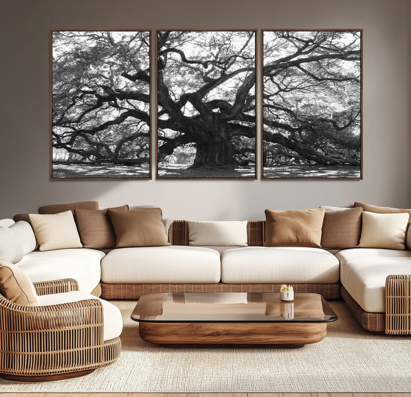 Black and white canvas of an ancient oak tree with sprawling, twisted branches, ideal for moody nature-inspired or rustic decor.