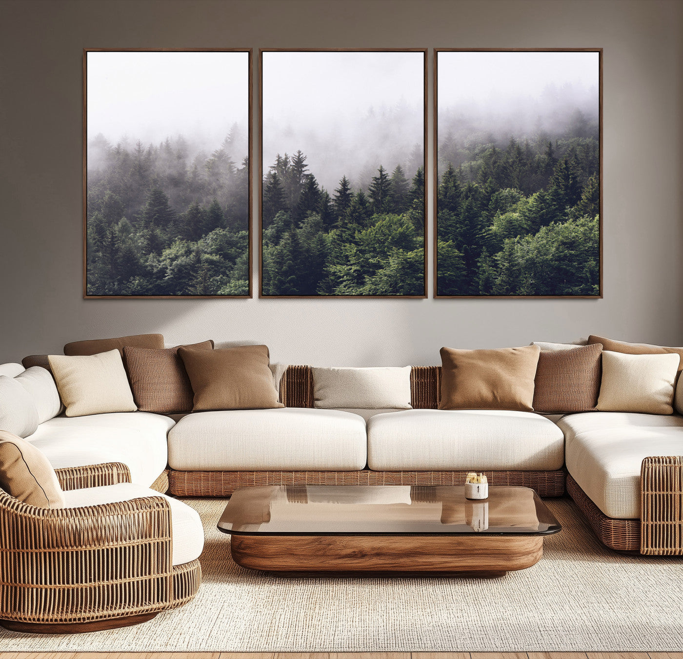 Canvas of dense misty forest in dark green tones, ideal for moody forest or atmospheric woodland-themed home decor.
