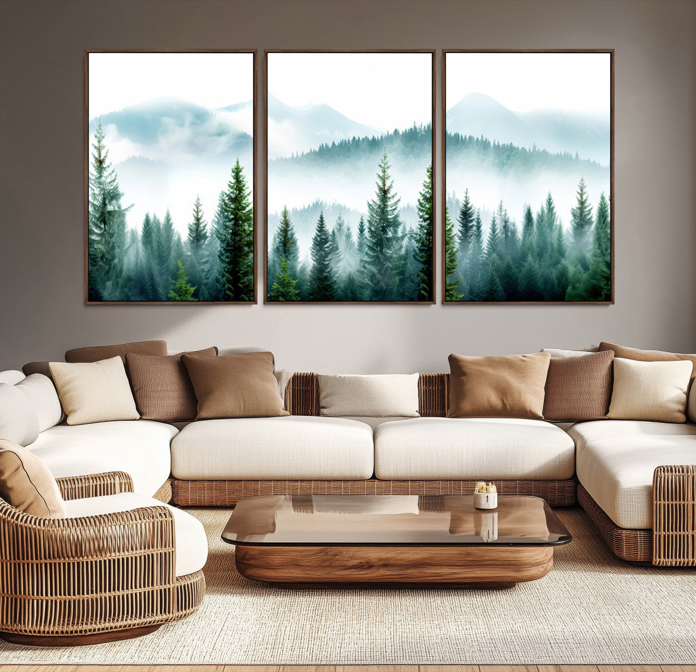 16716676-MGV-CV-36X24-Pine Forest Wall Art Canvas Print – Misty Mountains Foggy Trees Serene Woodland Nature Artwork for Home Office
