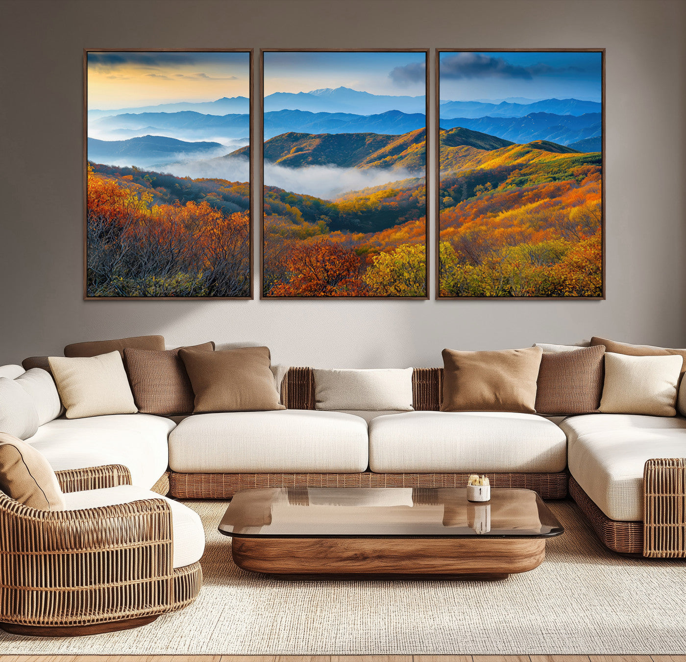 Vibrant canvas of autumn mountains with colorful trees, layered blue ridges, and soft morning fog, ideal for bright nature-themed decor.