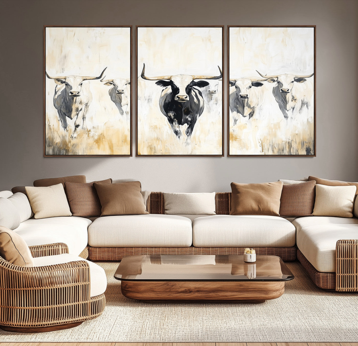 40397799-MGV-CV-36X24-Texas Longhorn Wall Art Canvas Print – Rustic Western Bull Herd Neutral Tones Country Ranch Artwork for Home Office