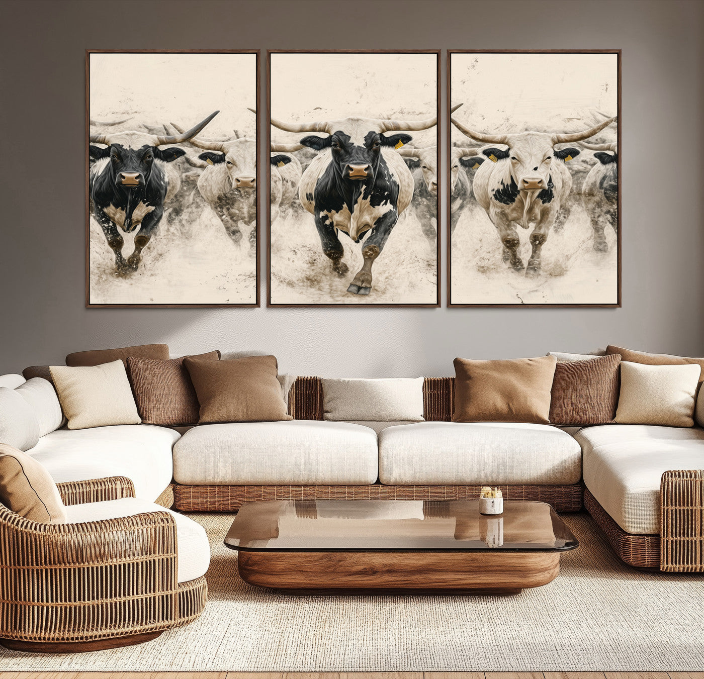 Canvas artwork of Texas Longhorn bulls walking in a dusty herd, ideal for rustic Western or country-style interior decor.