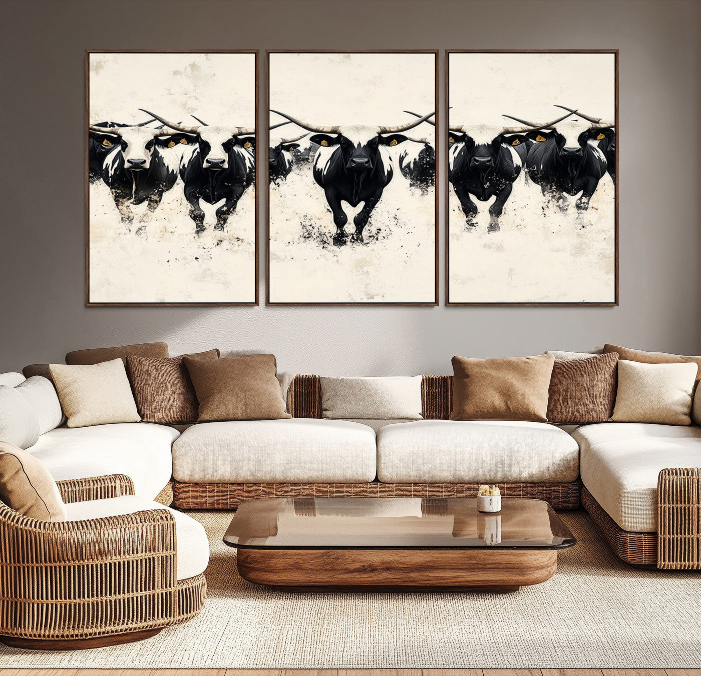 Canvas artwork of black and white Texas longhorns in a bold stampede over a minimalist background, ideal for rustic modern or Western-themed decor.