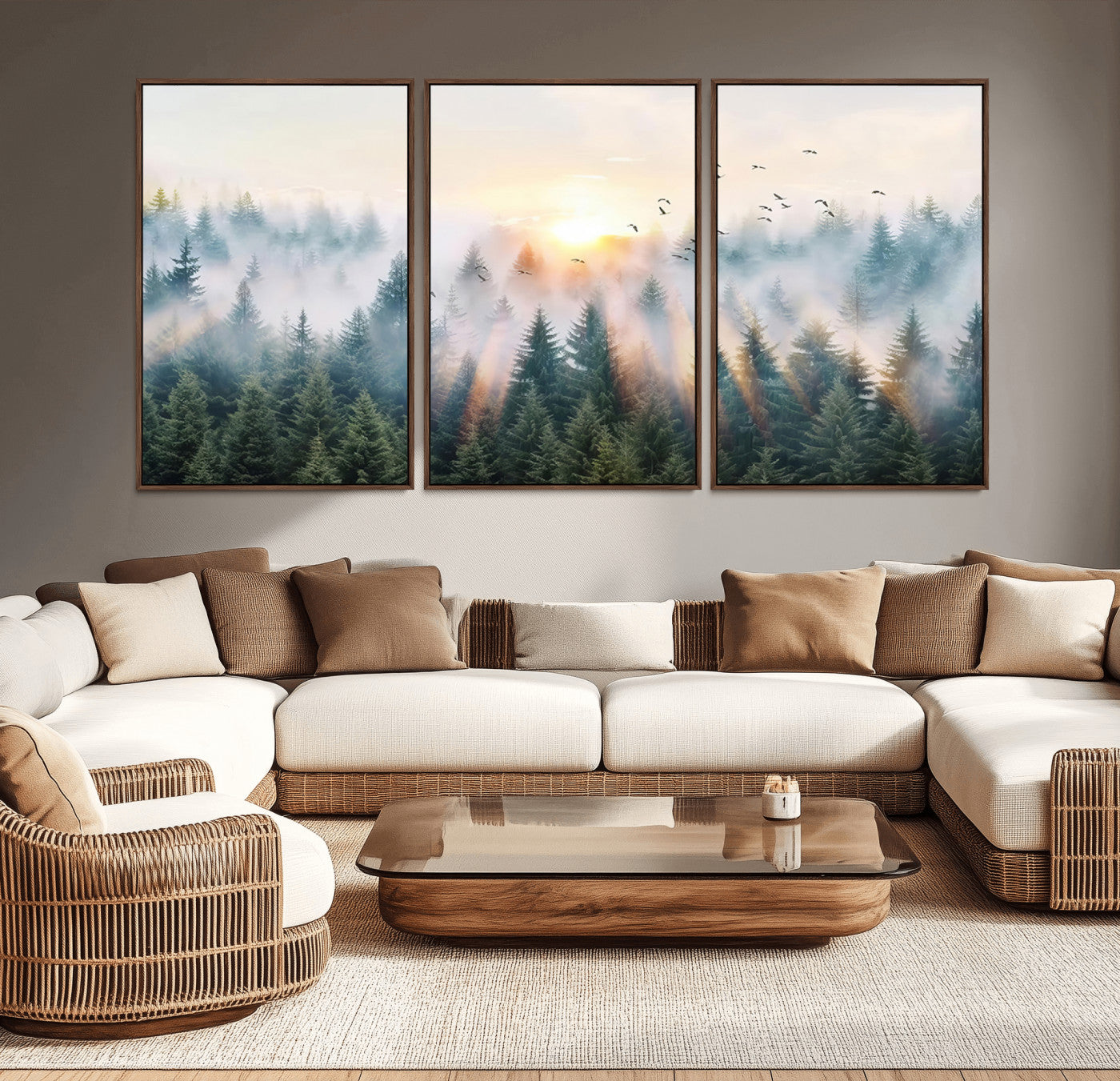 MGV-FC-60X30-3P - Misty Pine Forest Wall Art Canvas, Sunrise Over Foggy Trees Canvas for Home - Office, Framed