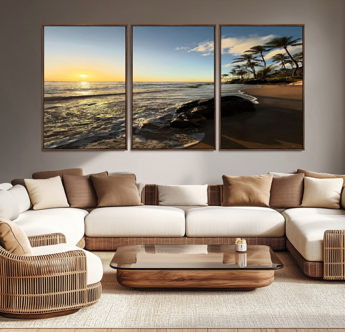 Canvas of a golden sunset on a tropical beach with palm trees and calm waves, perfect for coastal or island-themed home decor.
