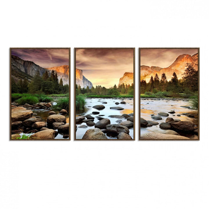 A tranquil riverside sunset mirrors the beauty of a Yosemite wall art masterpiece like the Large El Capitan Print.