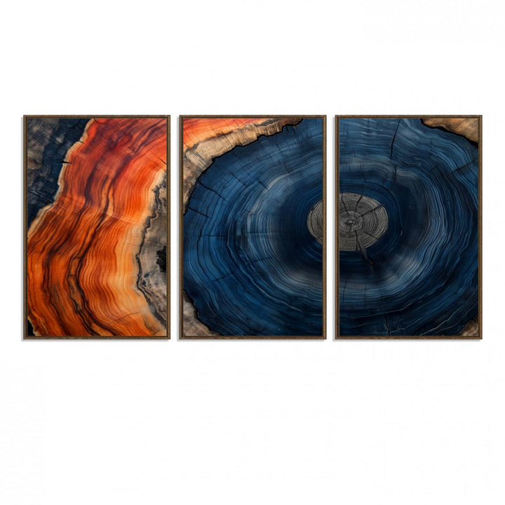 Abstract Tree Ring Wall Art Print on canvas featuring vibrant blue, orange, and brown rings with a natural rustic wood texture. Free shipping available!.