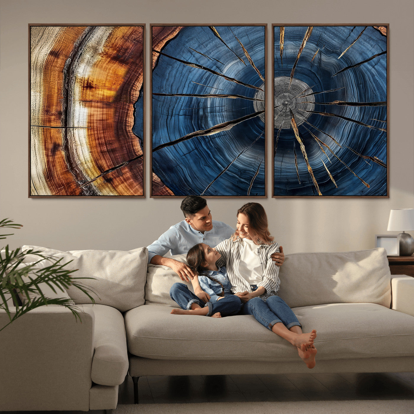 MGV-FC-60X30-3P - Framed Abstract Tree Ring Wall Art Print, Natural Rustic Wood Texture Canvas Print, Wood Tree Stump