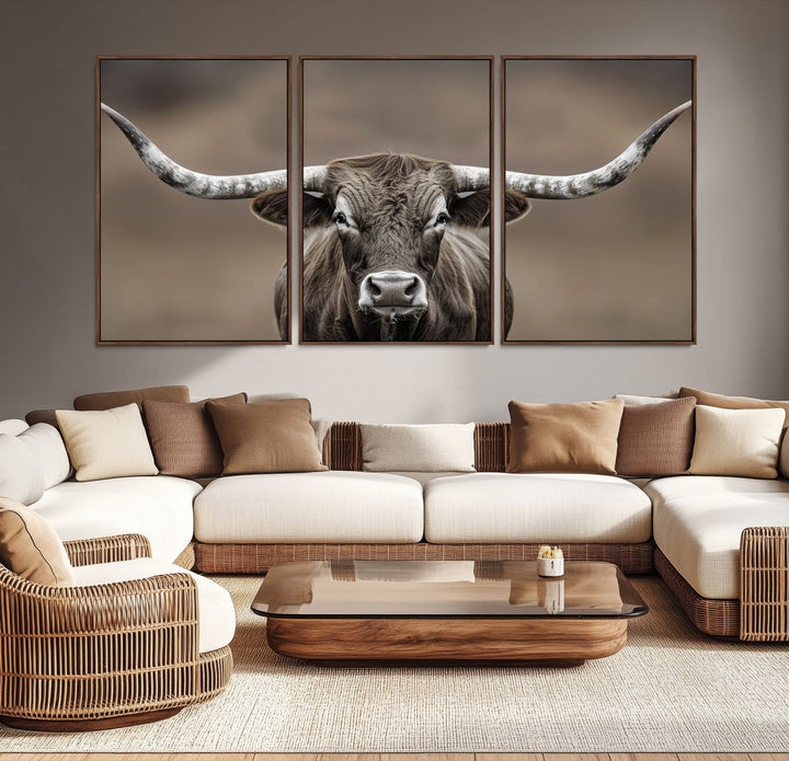 The Framed Texas Longhorn Bull Art Canvas Print adds timeless elegance to the serene setting.