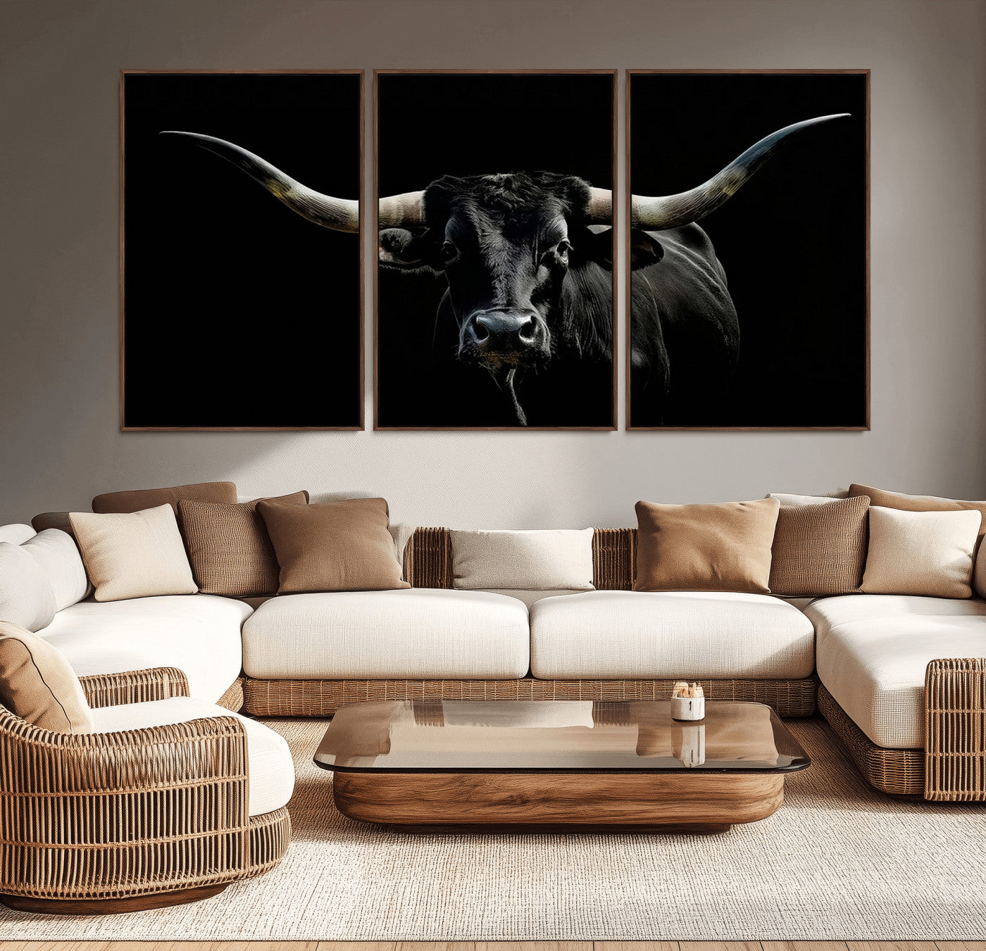 MGV-FC-60X30-3P - Texas Black Bull Wall Art Print, Longhorn Bull Canvas Wall Art