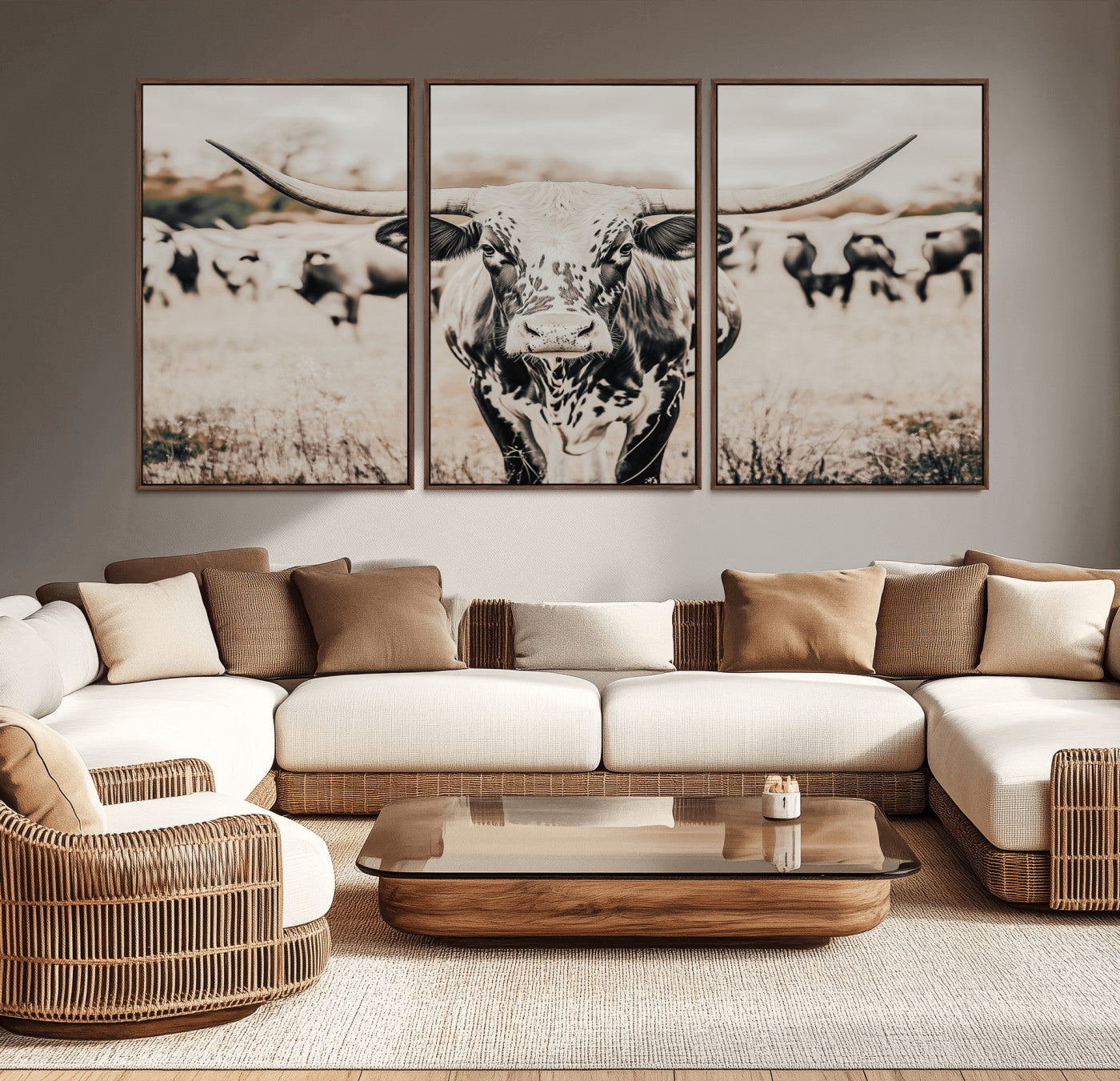 MGV-FC-60X30-3P - Texas Longhorn Wall Art Canvas Print, Framed Speckled Cow Art Picture Print, Horned Cattle Perfect Rustic Western Decor Artwork