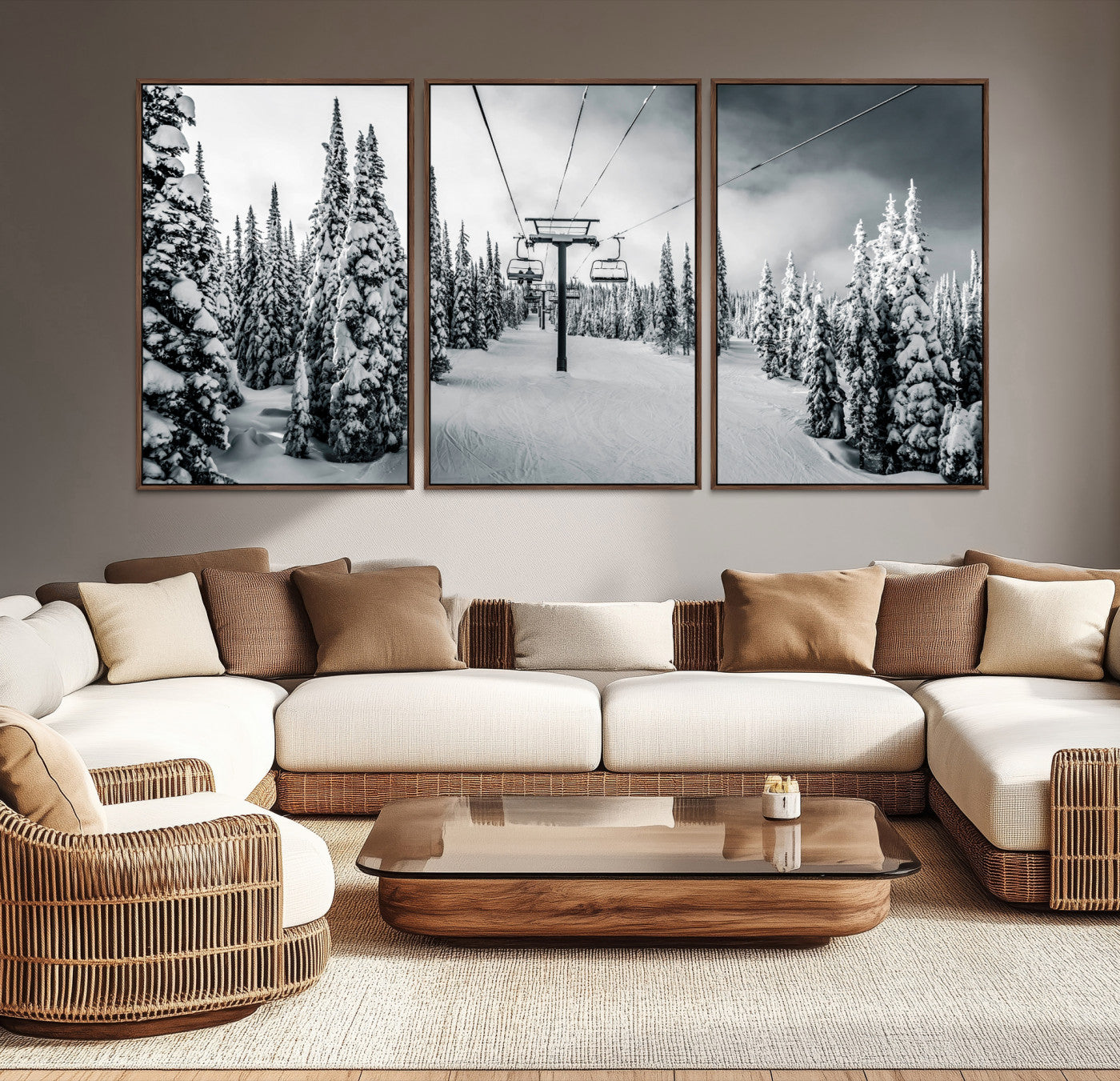 31156828-MGV-CV-36X24-Snowy Pines Wall Art Canvas Print, Framed Ski Lift Art Picture Print, Winter Forest Perfect Moody Lodge Decor, Ski Lift Wall Art Canvas