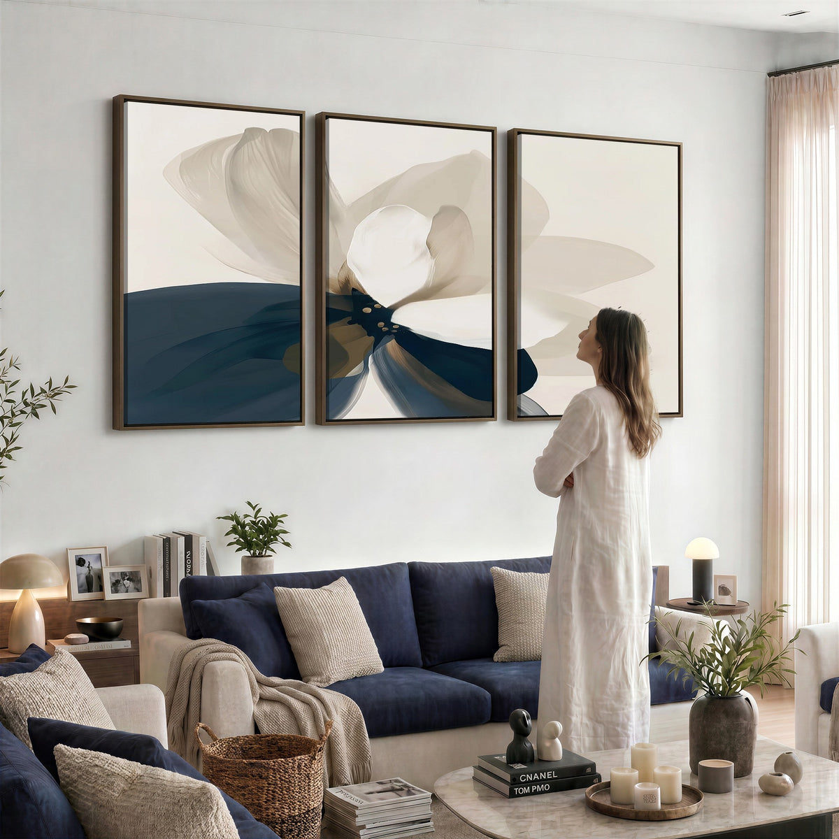 42188901-MGV-CV-24X16 - Minimal Flower Wall Art Canvas Print | Framed Beige and Navy Bloom