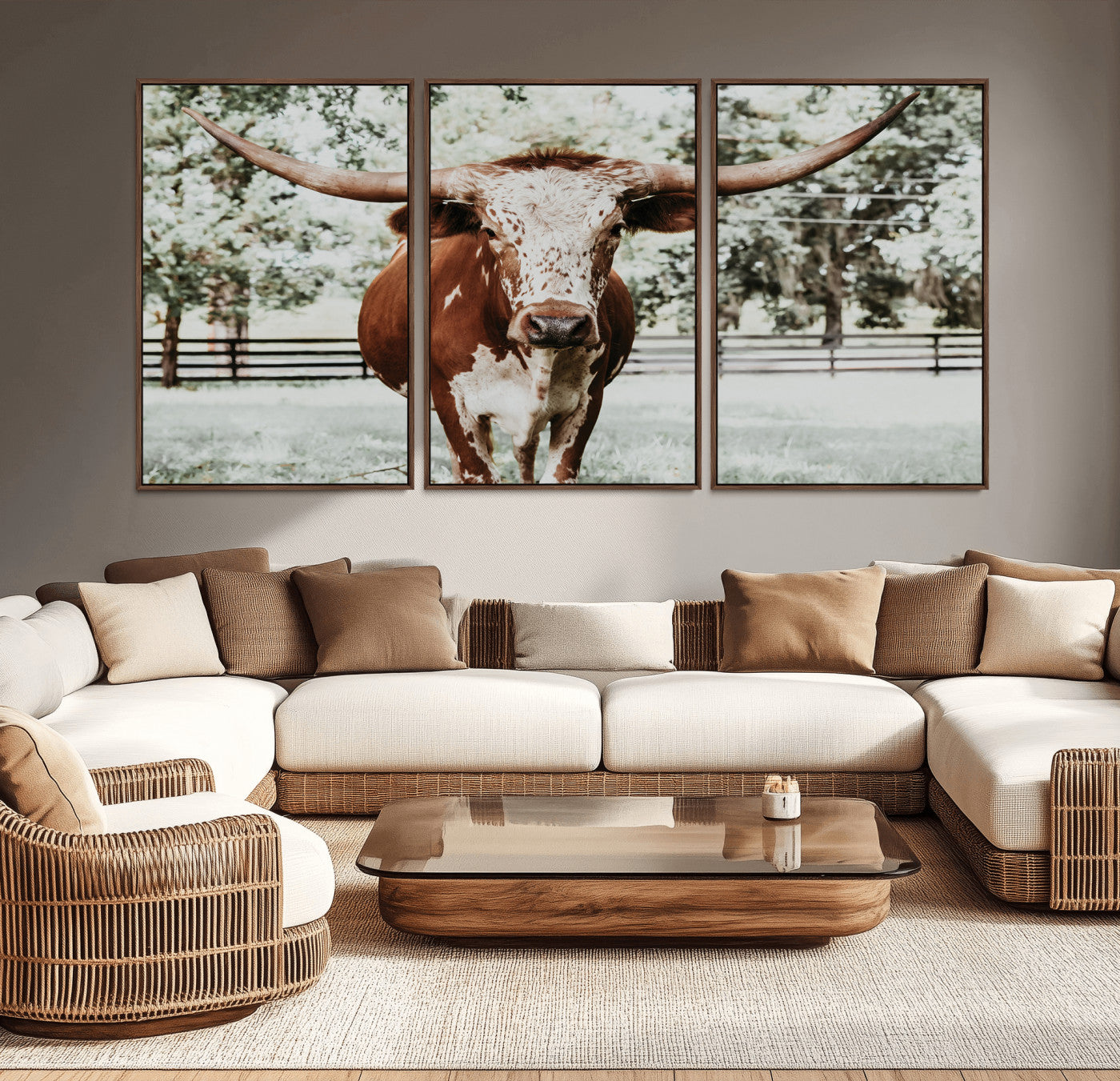 MGV-FC-60X30-3P - Texas Longhorn Wall Art Canvas Print, Framed Spotted Cow Art Picture Print, Horned Cattle Perfect Rustic Western Decor Artwork
