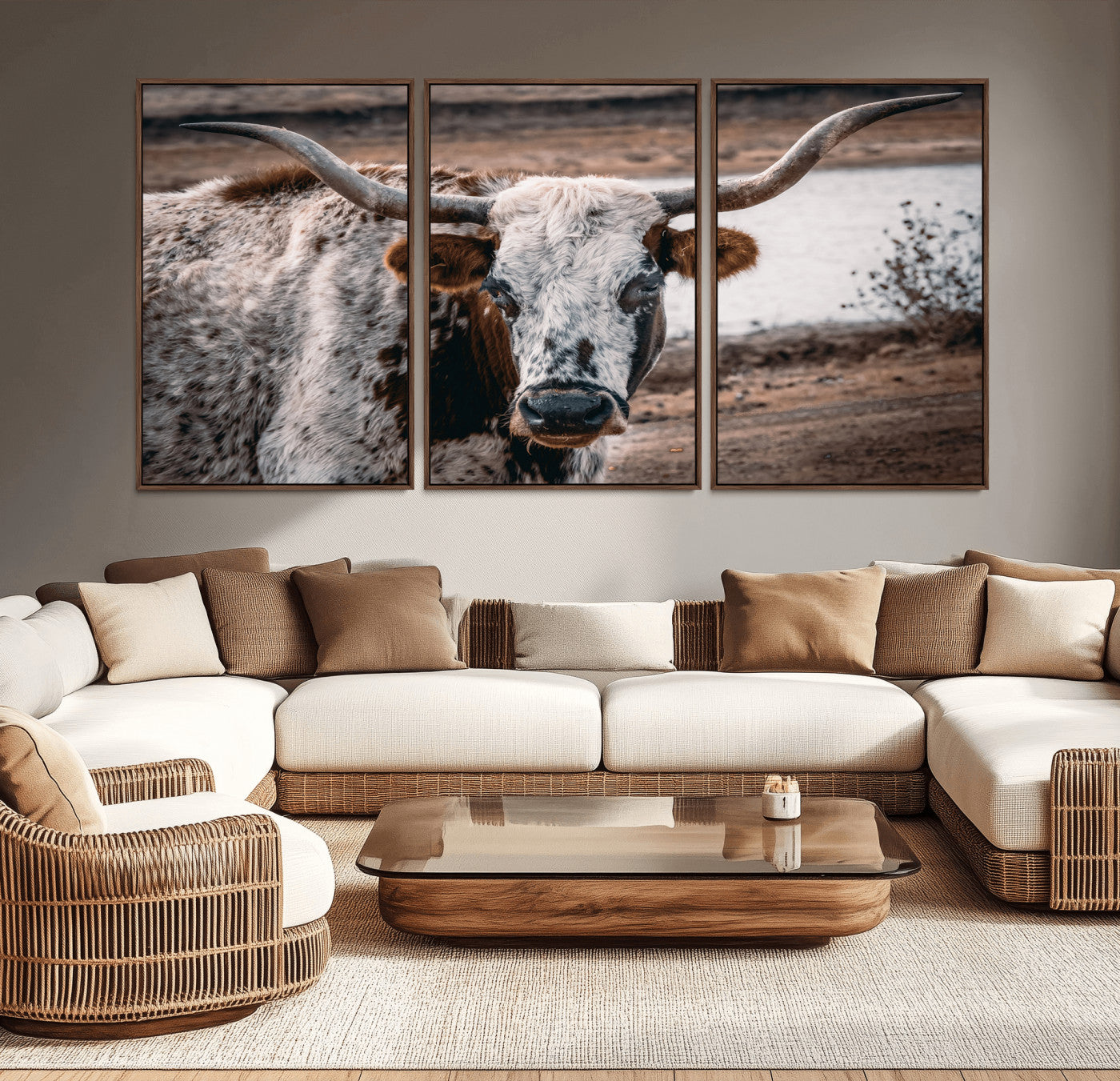 MGV-FC-60X30-3P - Texas Longhorn Wall Art Canvas Print, Framed Spotted Cow Art Picture Print, Horned Cattle Perfect Rustic Western Decor Artwork