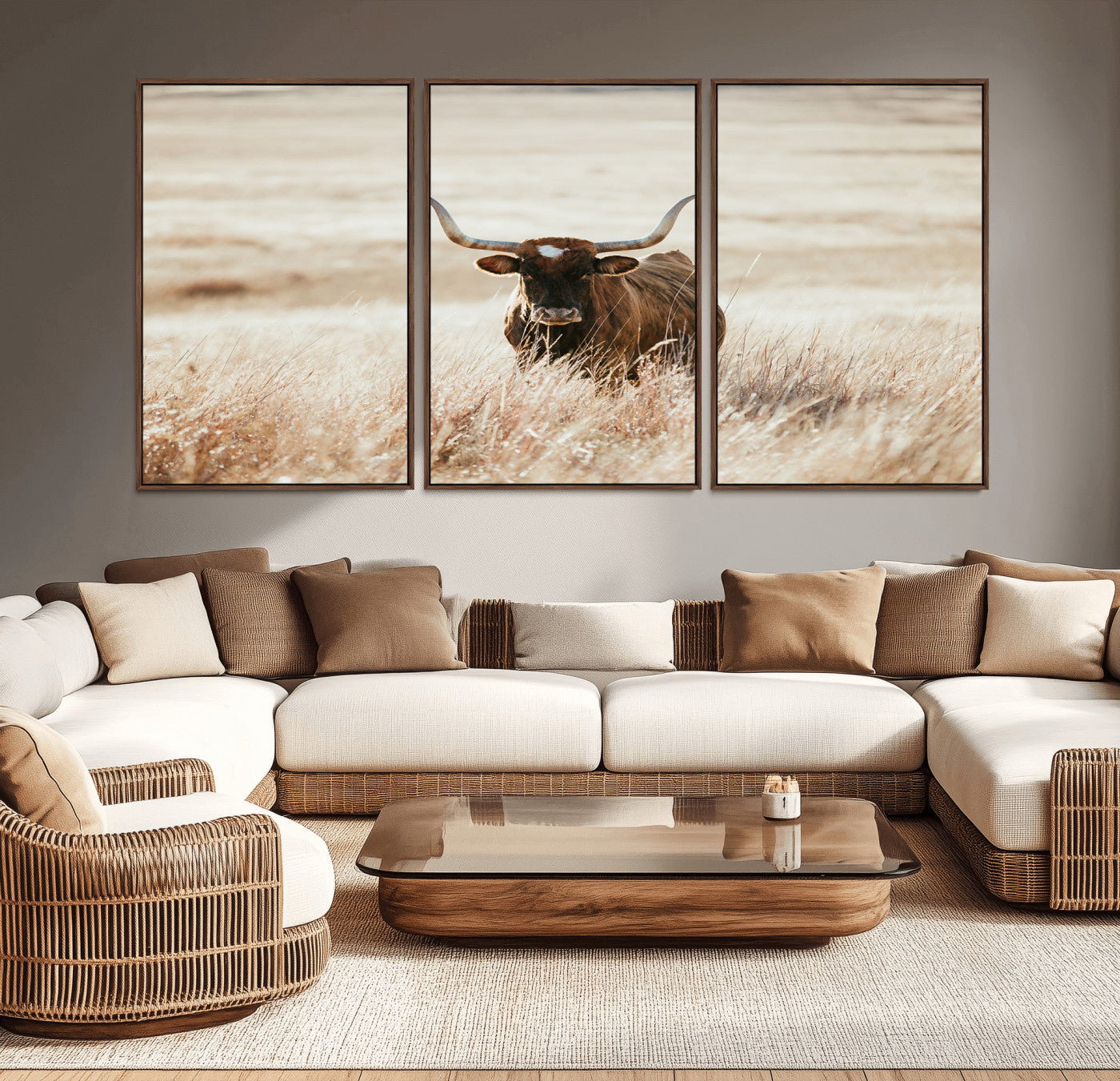 MGV-FC-60X30-3P - Texas Longhorn Wall Art Canvas Print, Framed Brown Cattle Art Picture Print, Horned Bull Perfect Rustic Western Decor Artwork