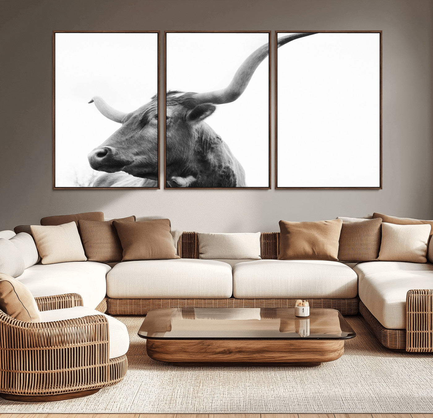 MGV-FC-60X30-3P - Longhorn Wall Art Wall Art Canvas Print, Framed Modern Ranch Style Art Art Picture Print, Monochrome Cow Print Perfect Rustic Western Decor Artwork