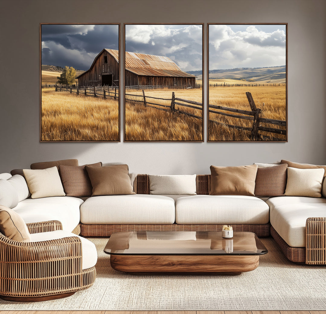 Canvas of a weathered wooden barn in a golden field under a dramatic sky, perfect for rustic or farmhouse-style wall decor.